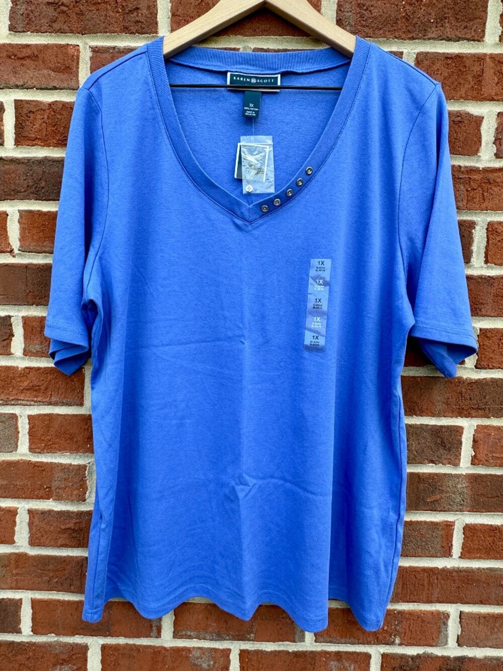 Karen Scott V-Neck Tee Size 1X Regatta Blue Coastal Grandmother Nautical